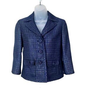 TALBOTS Womens Blazer SZ 0P Hounds tooth Navy‎ Academia Metallic Glitter Boxy